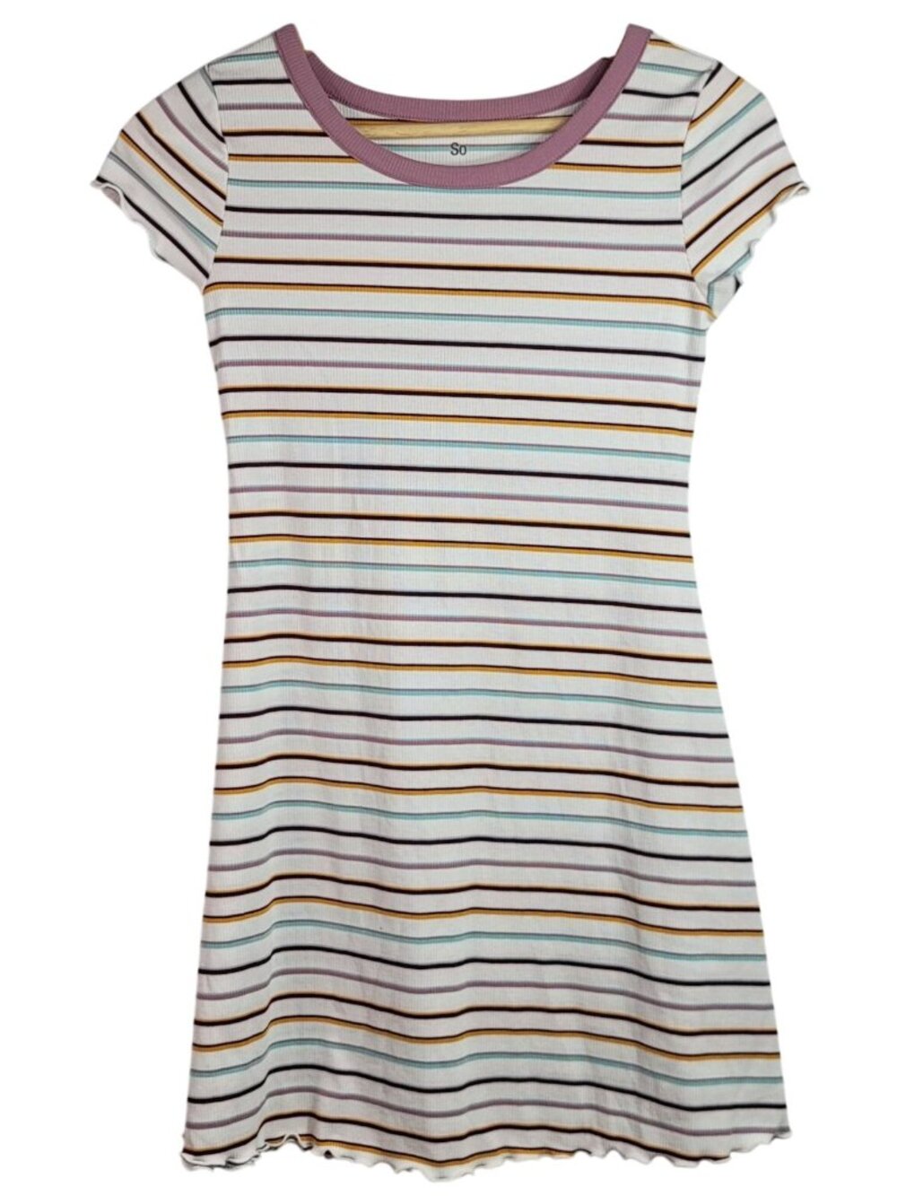 SO Girls Striped Shift Dress White Purple Large Short Sleeve Curly Hem Ribbed